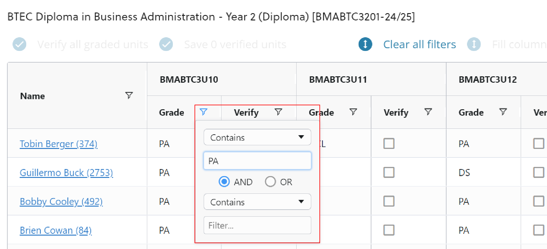Markbook sort and filter